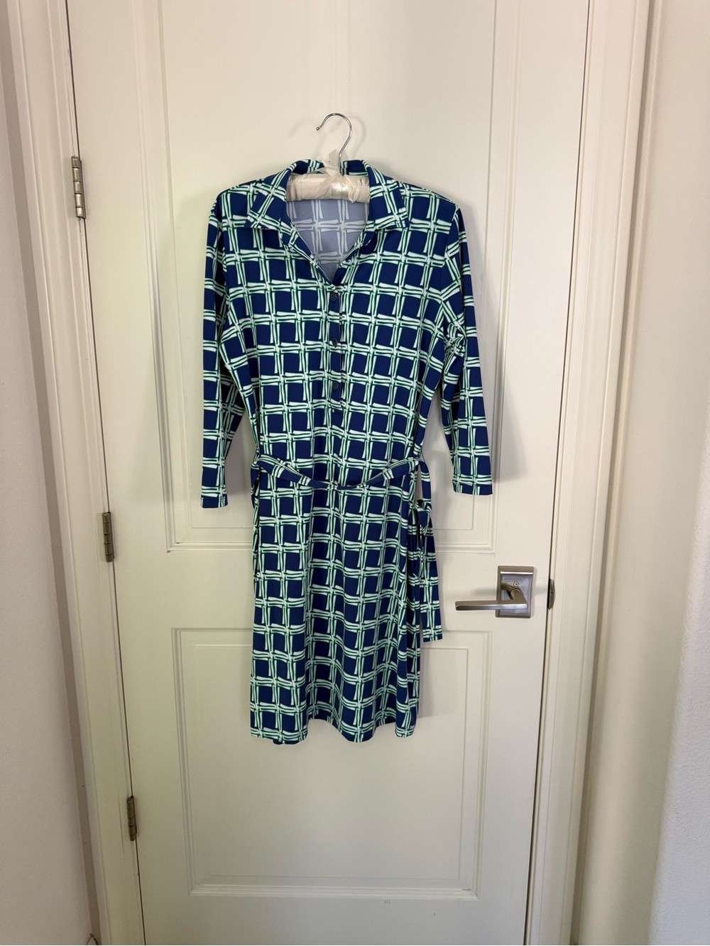 J. McLaughlin Blue and Green Calla Geometric Bamboo Shirt Dress Women’s Medium